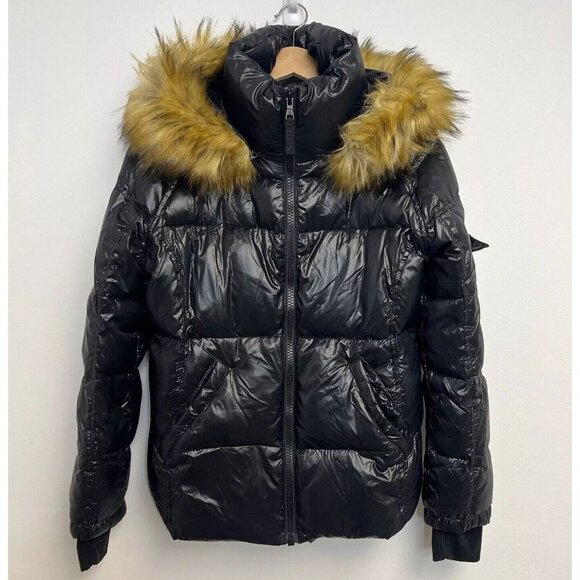 S13 Jackets & Blazers - S13 Womens Kylie Down Puffer Jacket with Faux Fur Detachable Hood Sz L Black NWT